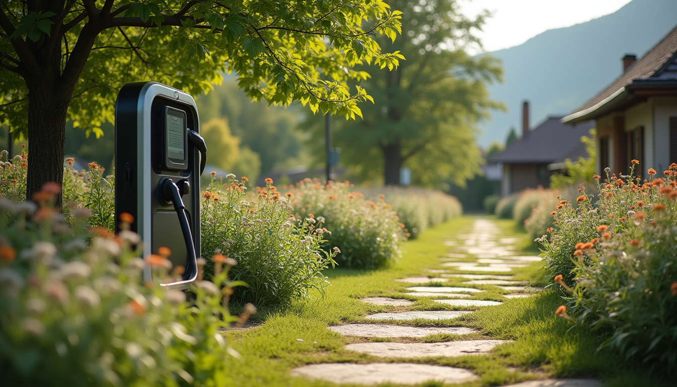 Borne de recharge électrique installée dans un jardin à Fessy, en milieu rural