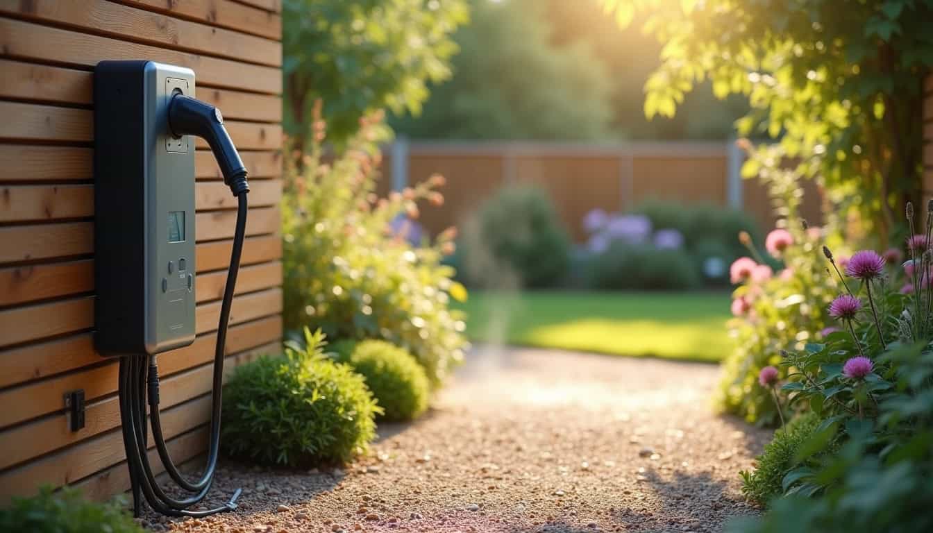 Borne de recharge électrique installée dans un jardin à Froidfond