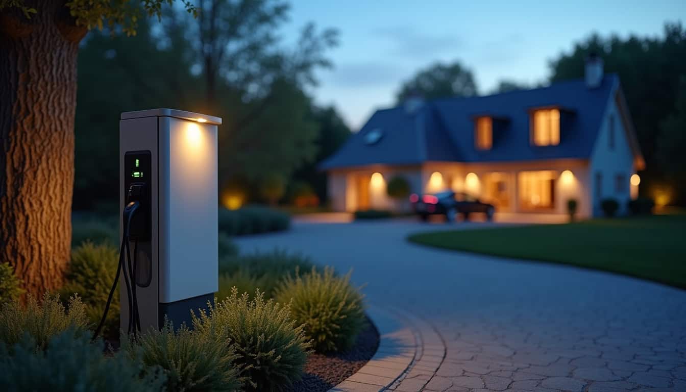 Borne de recharge électrique installée dans un jardin à Gondrin, en soirée