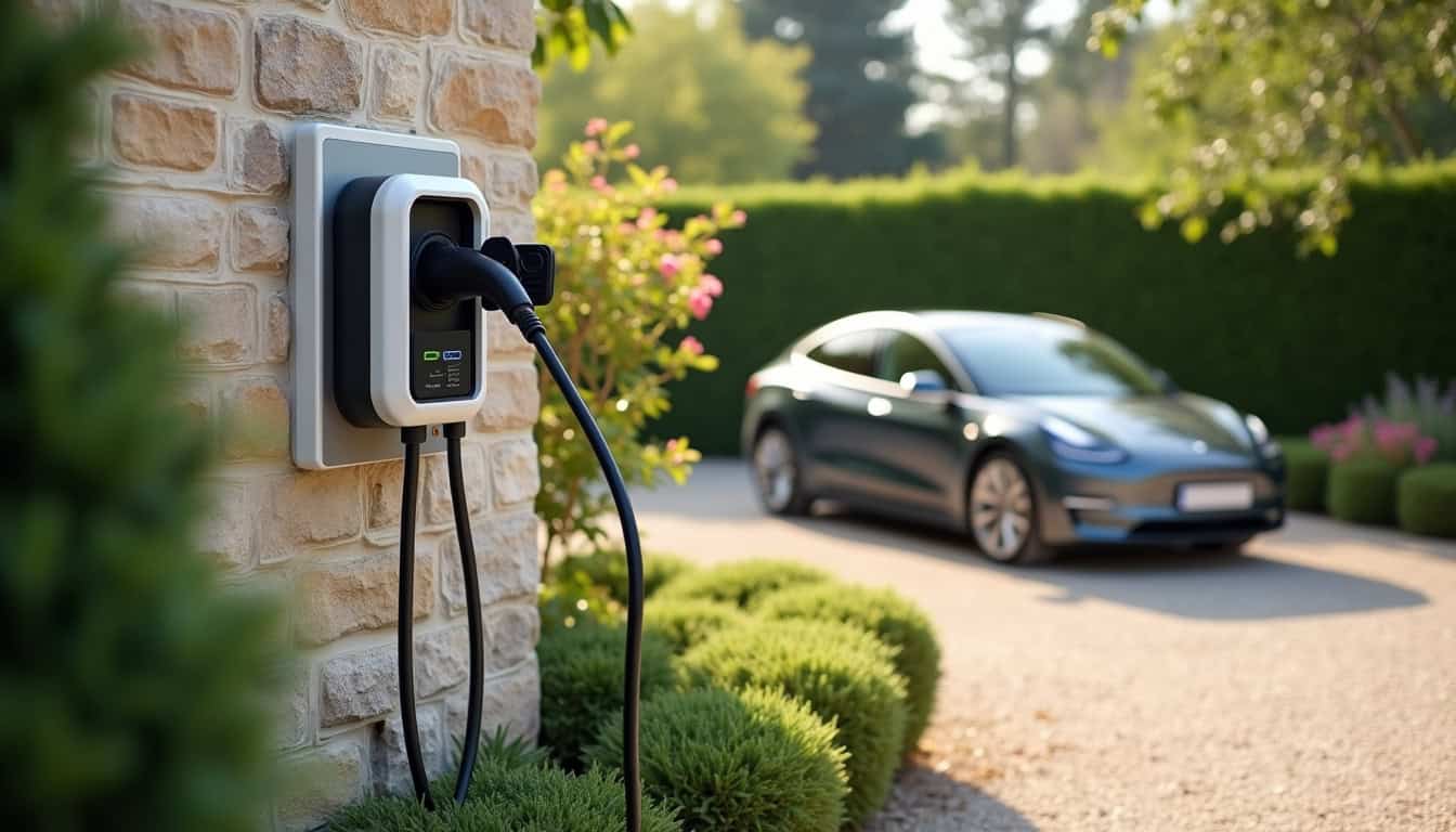 Borne de recharge électrique installée dans un jardin à Gouaix