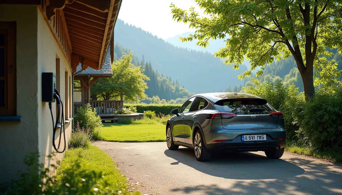 Borne de recharge électrique installée dans un jardin à La Sure en Chartreuse, vue de jour avec véhicule électrique branché