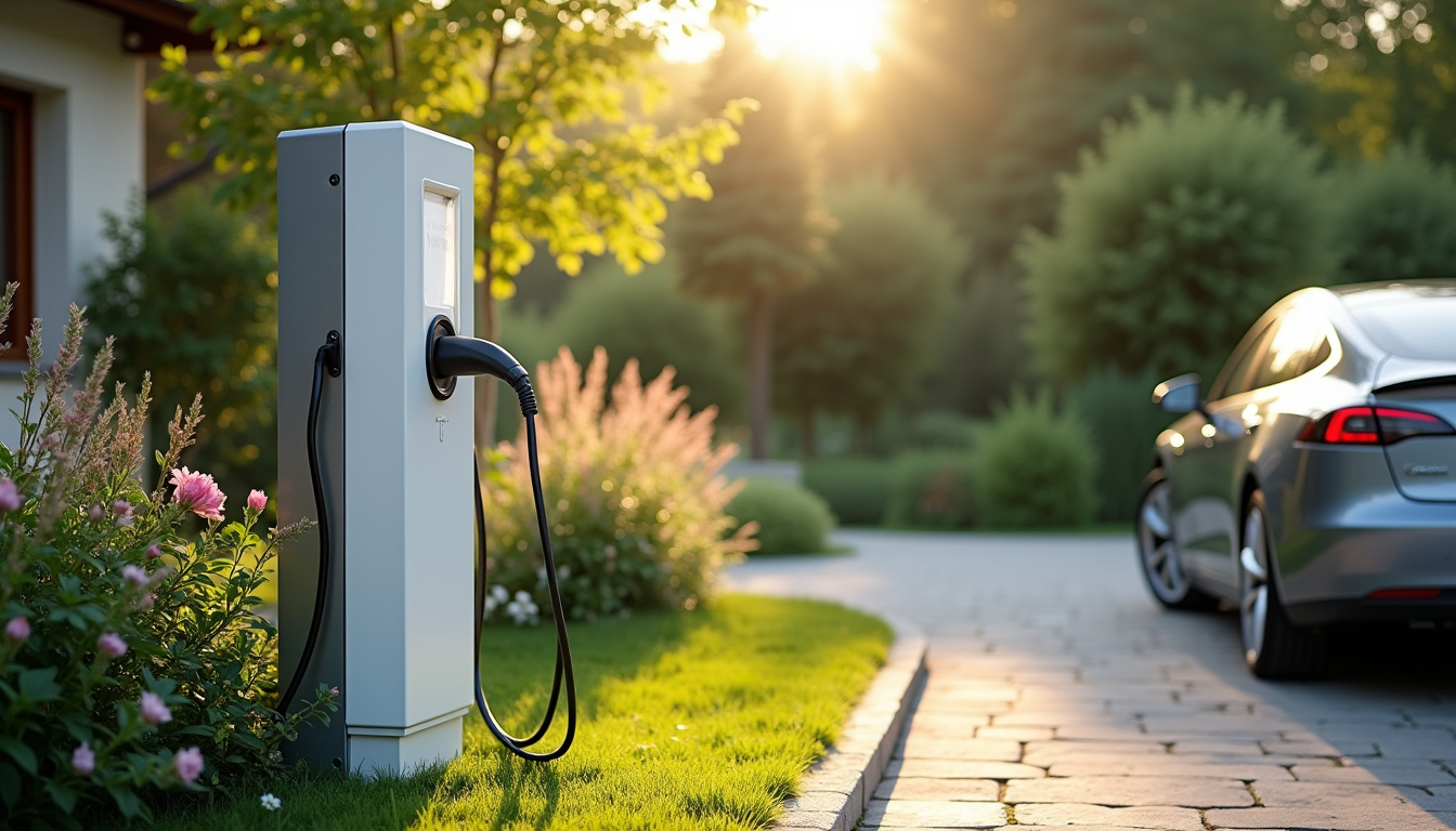 Borne de recharge électrique installée dans un jardin à Montvendre