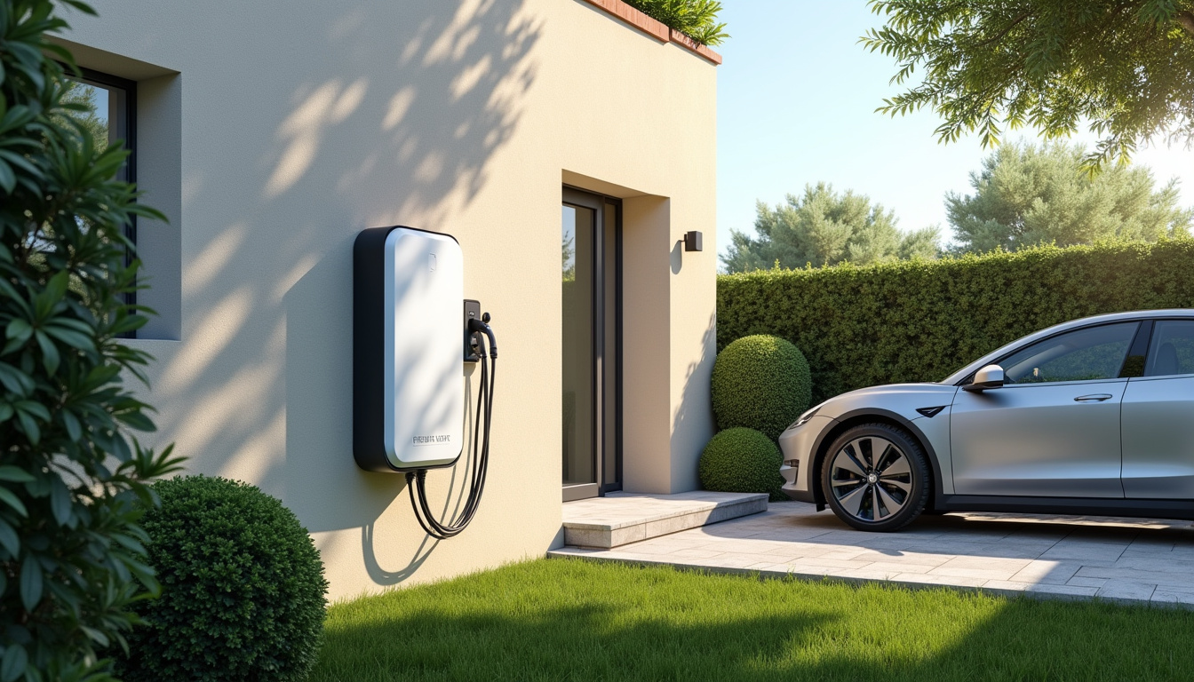 Borne de recharge électrique installée dans un jardin à Nébian, en extérieur, près d'une place de parking