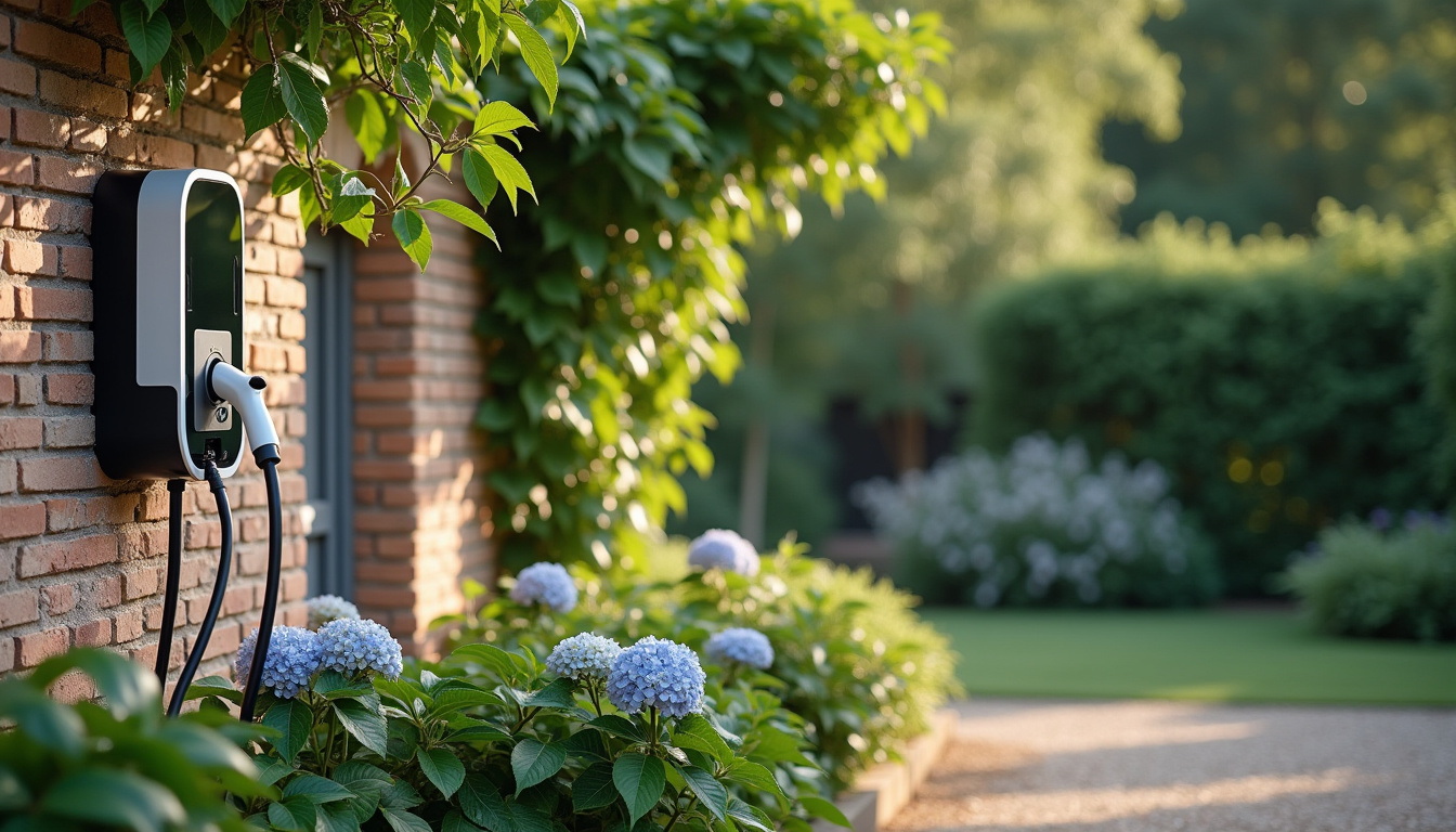 Borne de recharge électrique installée dans un jardin à Nortkerque