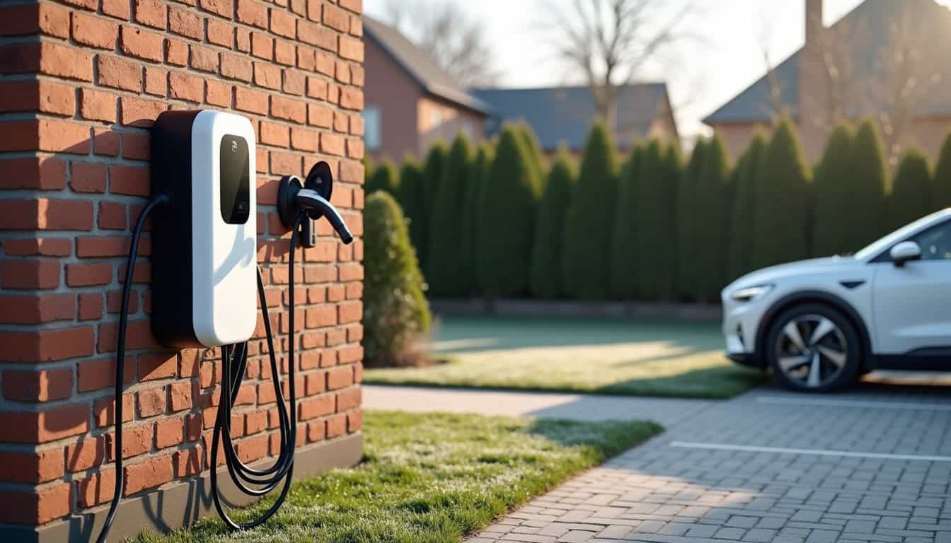 Borne de recharge électrique installée dans un jardin à Nozay, en extérieur, près d'une place de stationnement