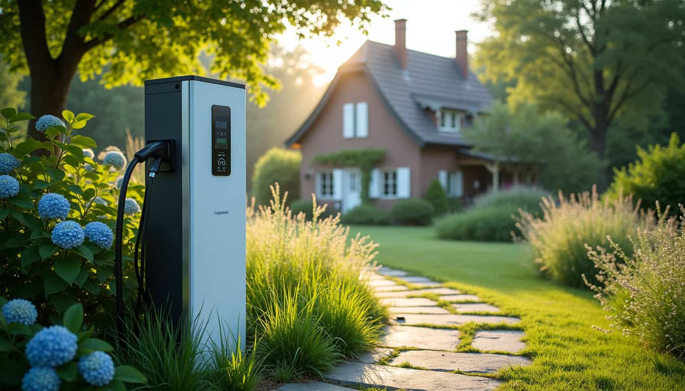 Borne de recharge électrique installée dans un jardin à Saint-Vigor-d'Ymonville