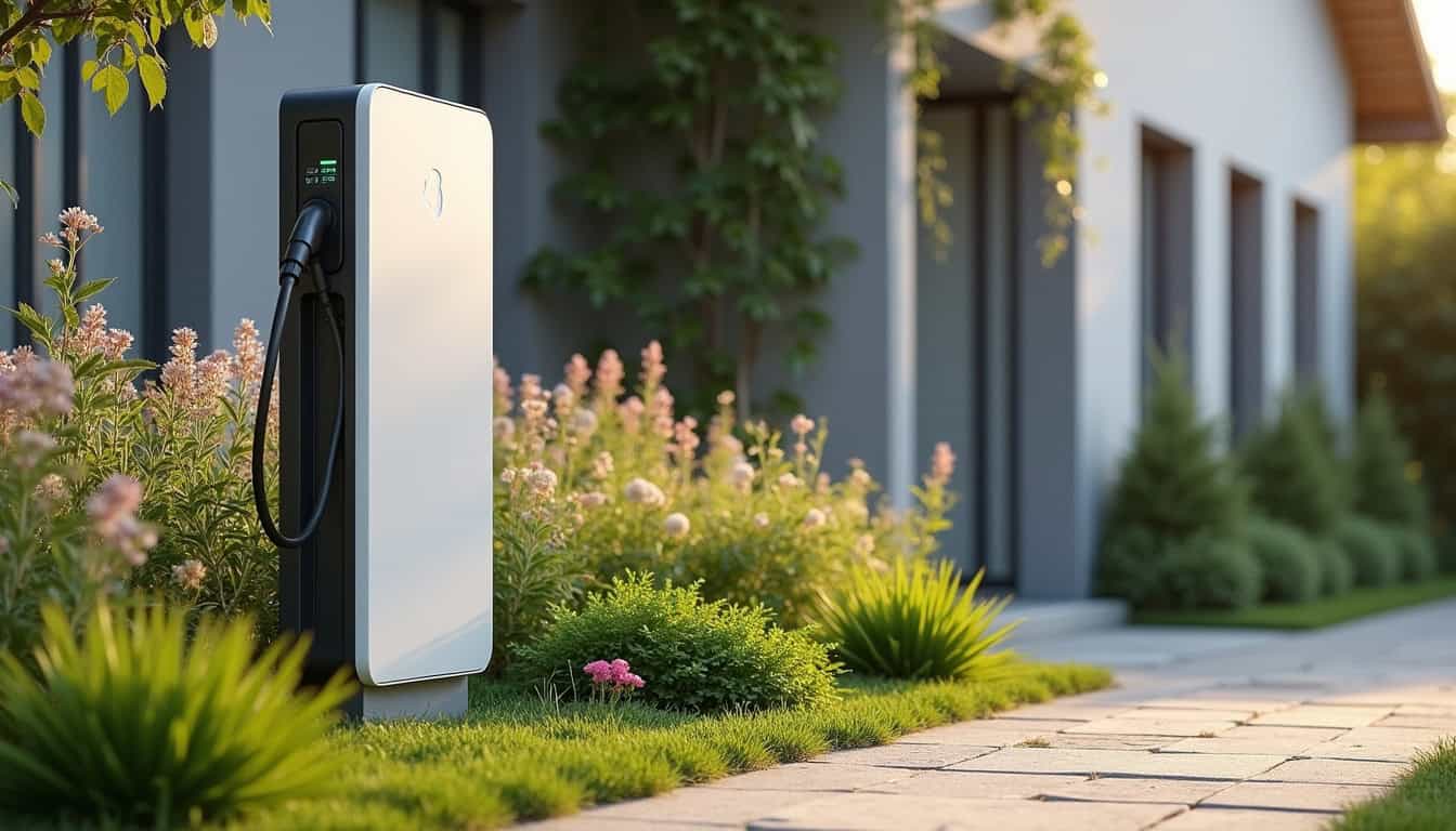Borne de recharge électrique installée dans un jardin à Sallaumines