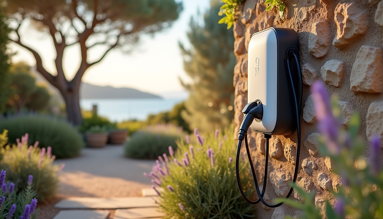 Borne de recharge électrique installée dans un jardin à Sanary-sur-mer