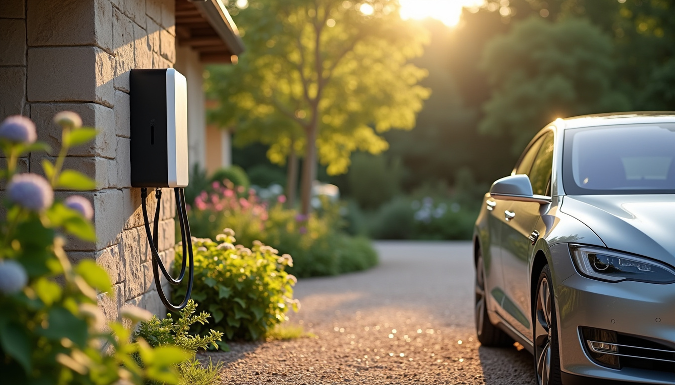 Borne de recharge électrique installée dans un jardin à Sourzac, en Dordogne, avec câble raccordé à une voiture électrique