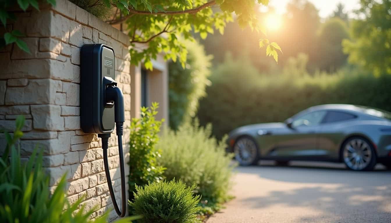 Borne de recharge électrique installée dans un jardin avec stationnement privé à Saint-Avit-Saint-Nazaire