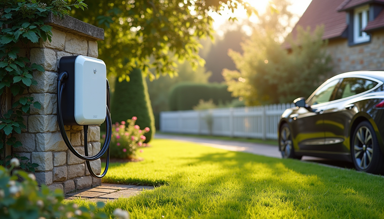 Borne de recharge électrique installée dans un jardin de maison à Bouquetot