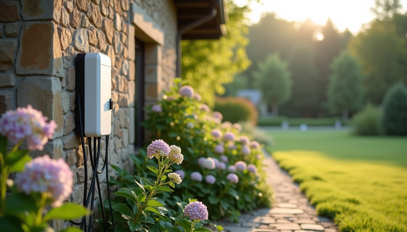 Borne de recharge électrique installée dans un jardin de maison à Éguzon-Chantôme