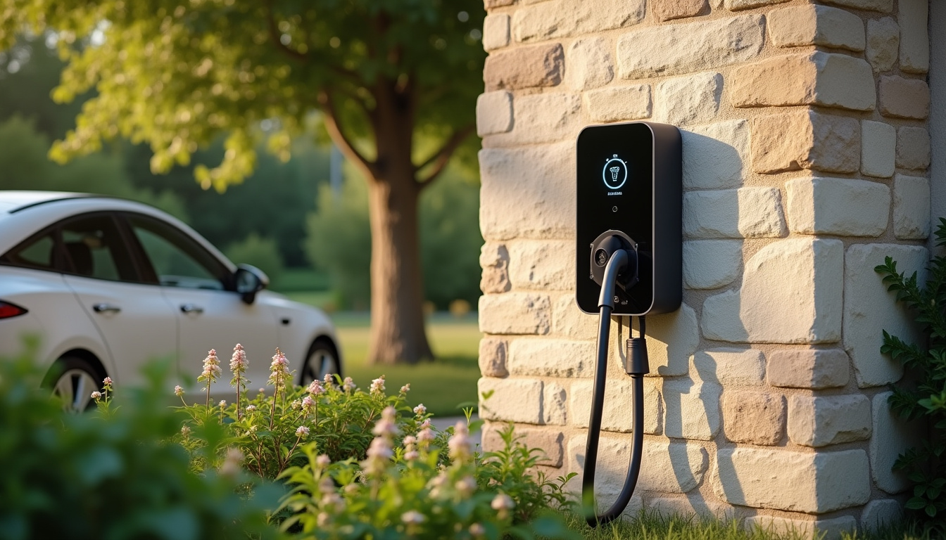 Borne de recharge électrique installée dans un jardin de maison à Saint-Clair-du-Rhône