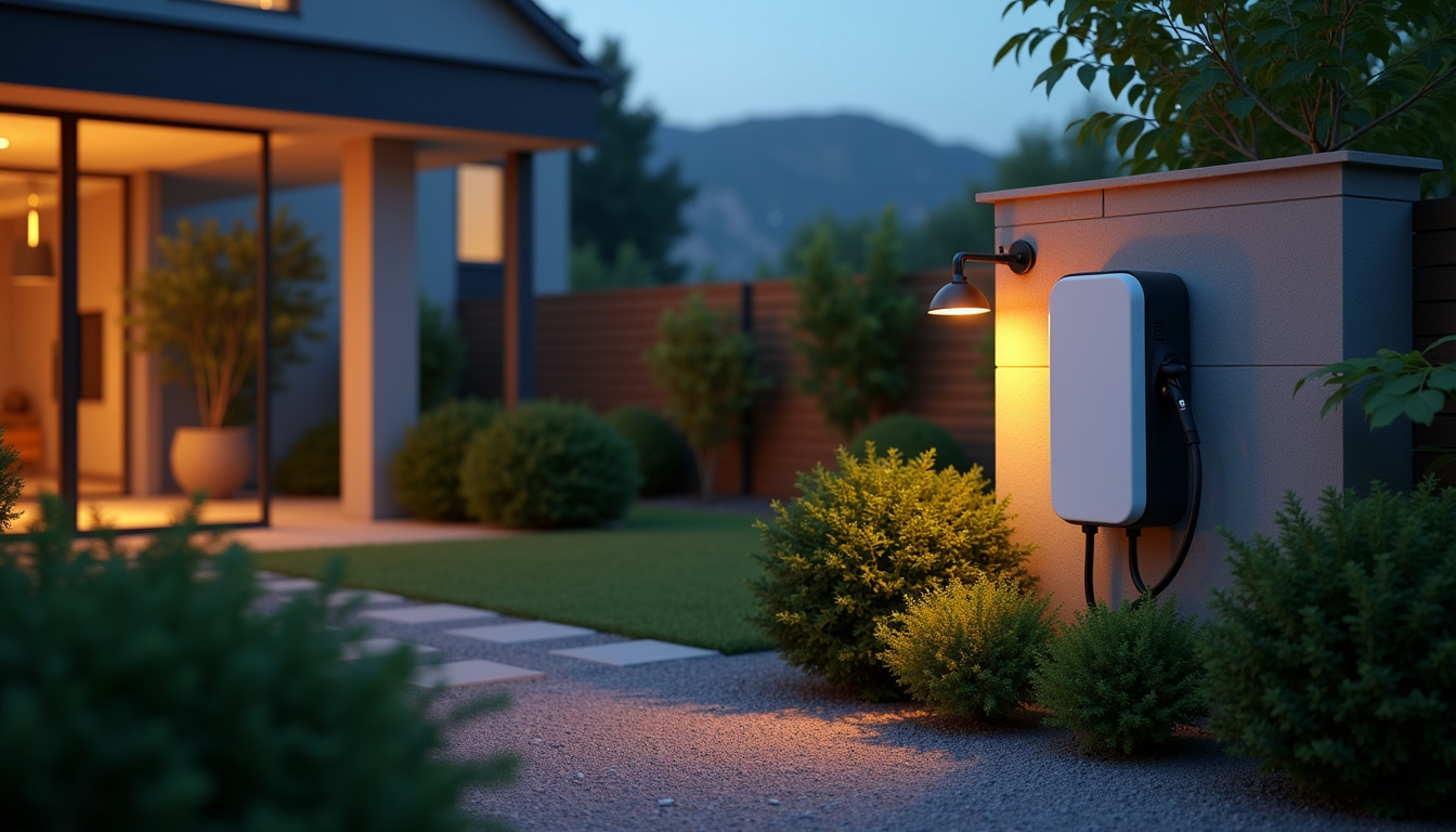 Borne de recharge électrique installée dans un jardin en fin de journée, éclairage doux