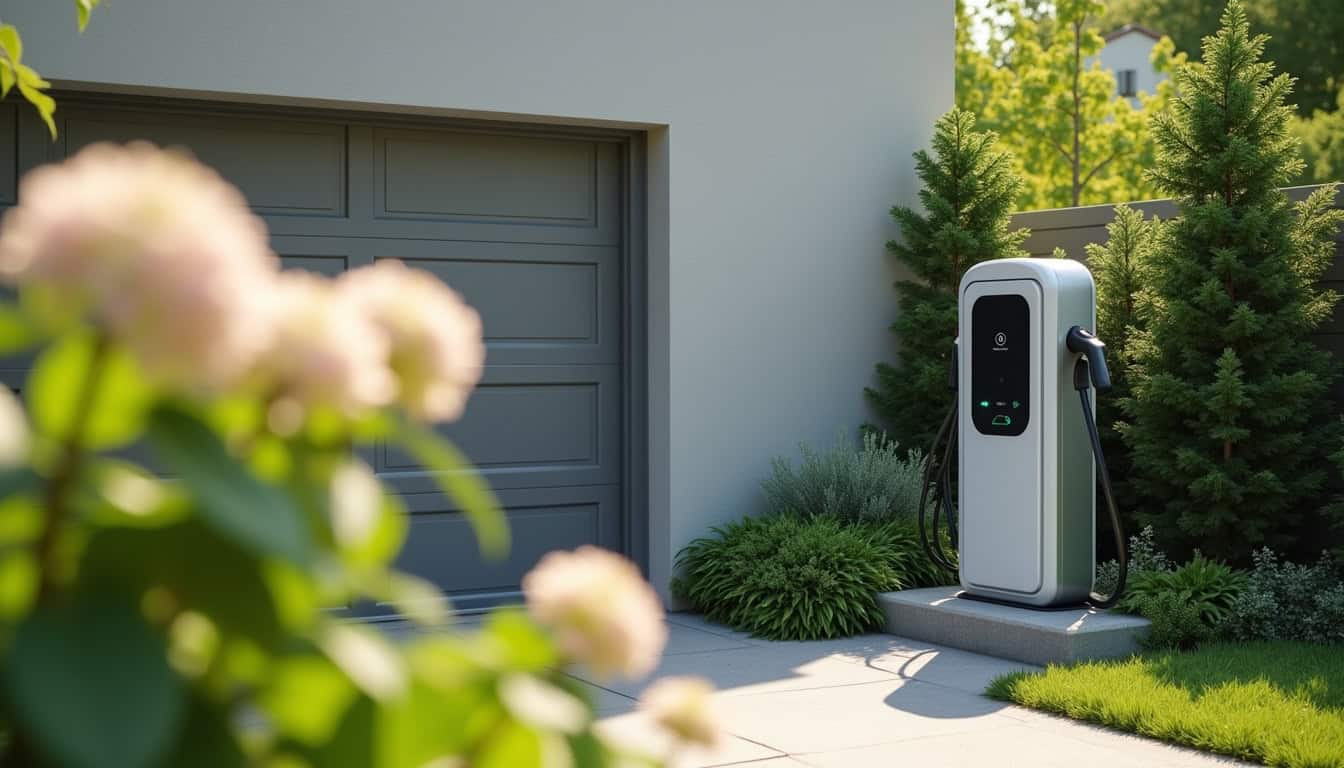Borne de recharge électrique installée dans un jardin, près d'un garage