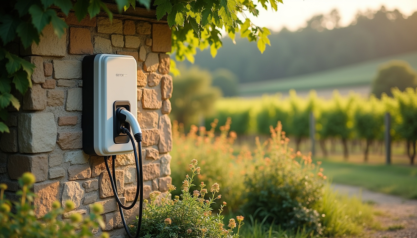 Borne de recharge électrique installée dans un jardin privé à Castelnau-de-Guers, en milieu rural