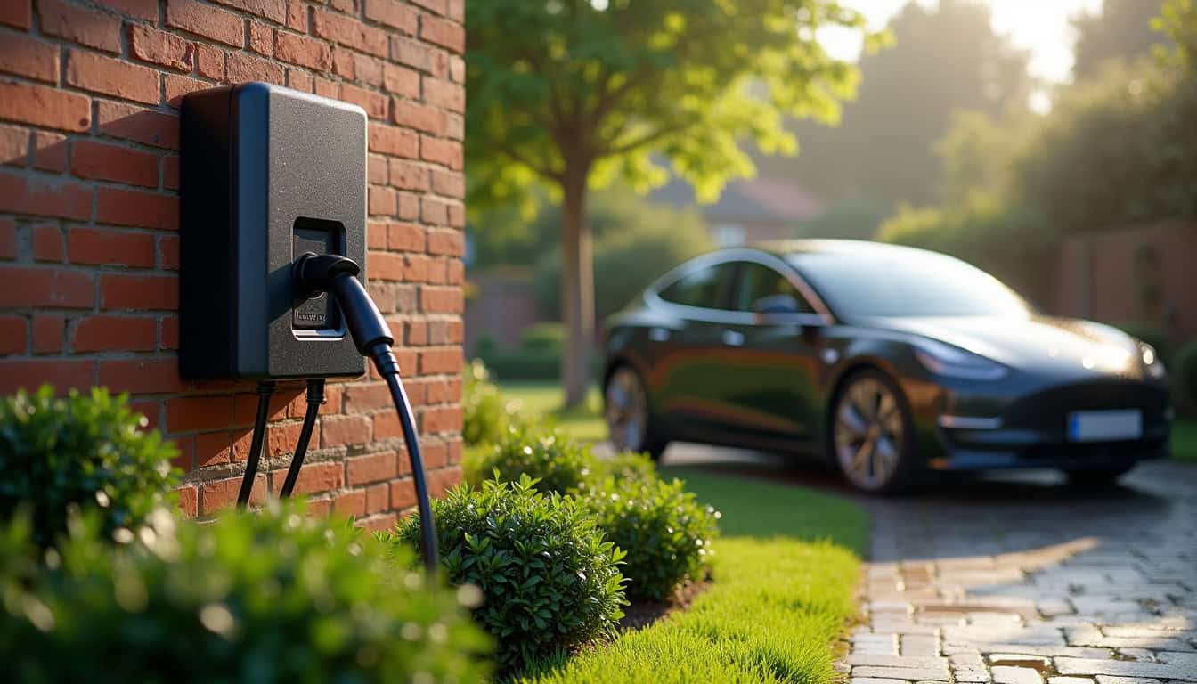 Borne de recharge électrique installée dans un jardin résidentiel à Amfreville-la-Mi-Voie