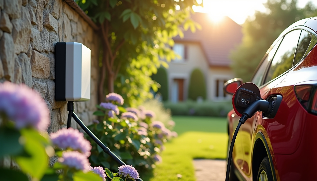 Borne de recharge électrique installée dans un jardin résidentiel à Barbizon