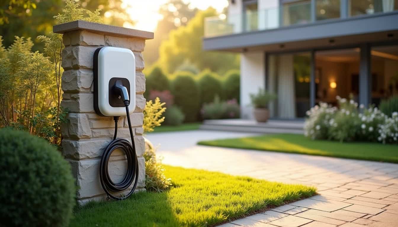 Borne de recharge électrique installée dans un jardin résidentiel à Blaincourt-lès-Précy