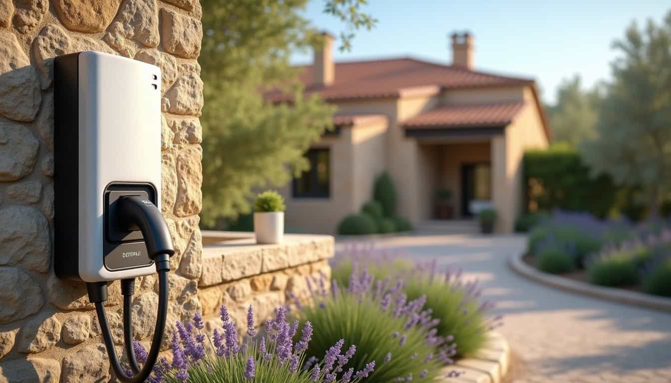 Borne de recharge électrique installée dans un jardin résidentiel à Castillon-du-Gard