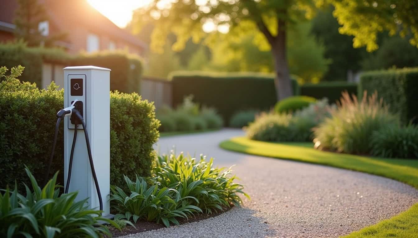 Borne de recharge électrique installée dans un jardin résidentiel à Cauffry