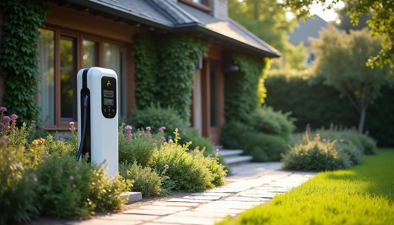 Borne de recharge électrique installée dans un jardin résidentiel à Leudeville