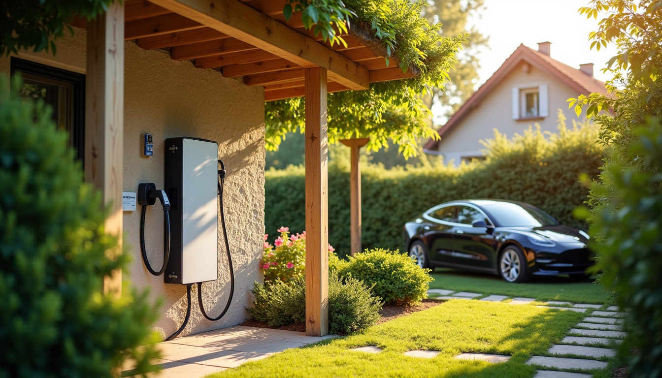 Borne de recharge électrique installée dans un jardin résidentiel à Seulline