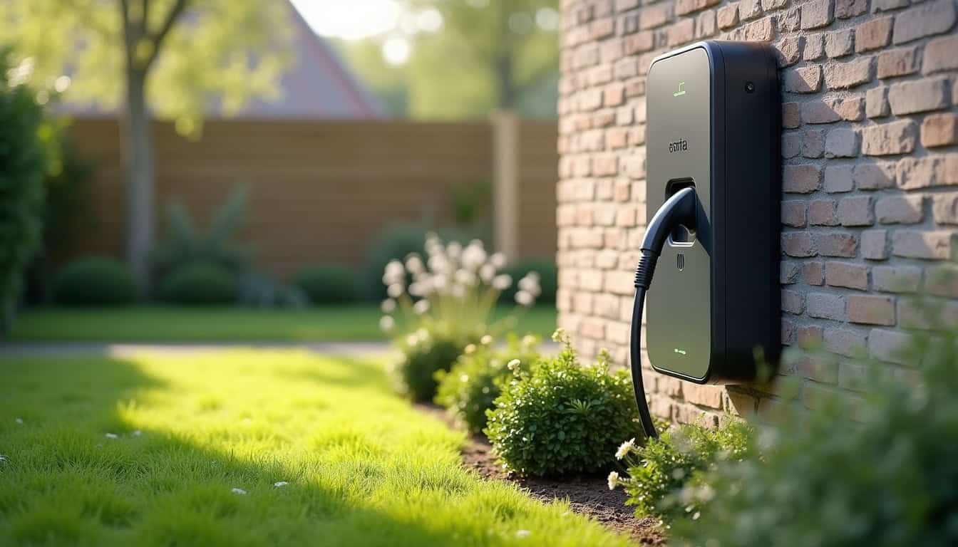 Borne de recharge électrique installée dans un jardin résidentiel à Vermelles