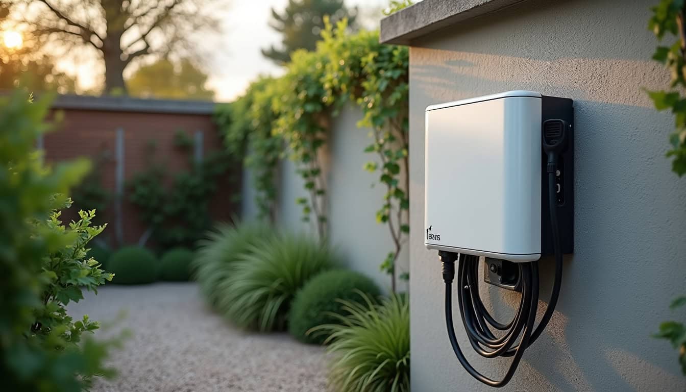 Borne de recharge électrique installée dans un jardin, vue extérieure du boîtier mural