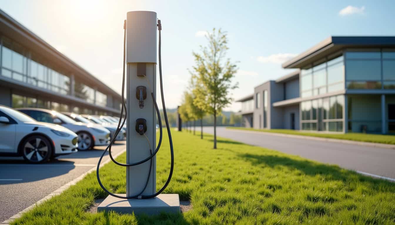 Borne de recharge électrique installée dans un parc d'entreprise à Ruffec