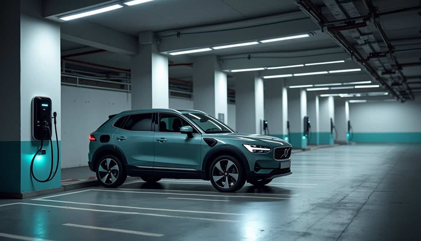 Borne de recharge électrique installée dans un parking à Lunéville, avec véhicule électrique en cours de charge