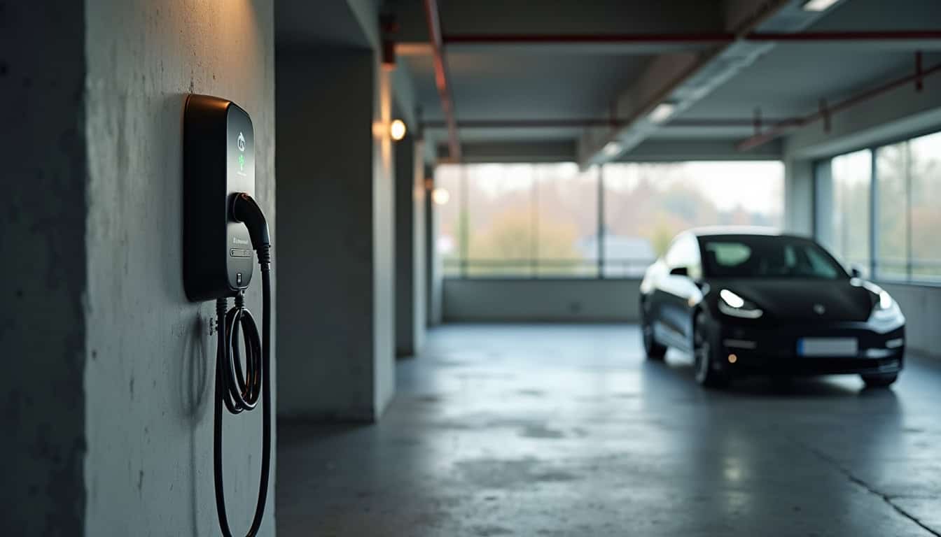Borne de recharge électrique installée dans un parking de copropriété à Bias
