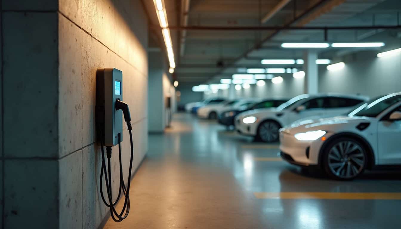 Borne de recharge électrique installée dans un parking de copropriété à Échirolles