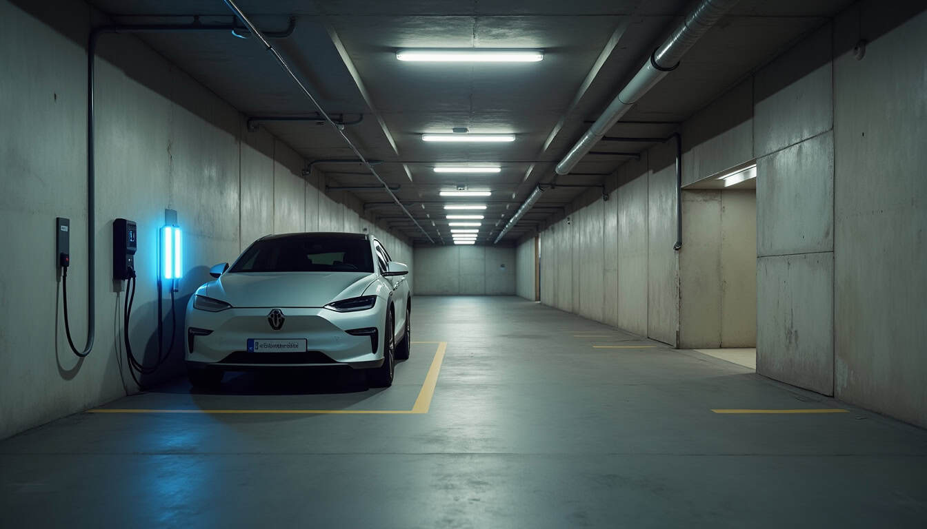 Borne de recharge électrique installée dans un parking de copropriété à Saint-Germain-le-Fouilloux