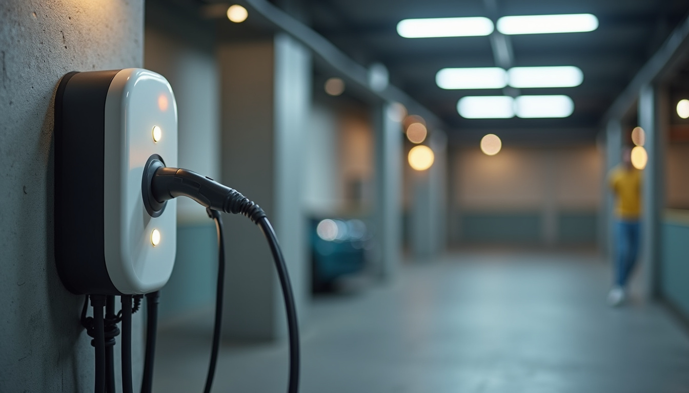 Borne de recharge électrique installée dans un parking de copropriété à Val d'Oingt