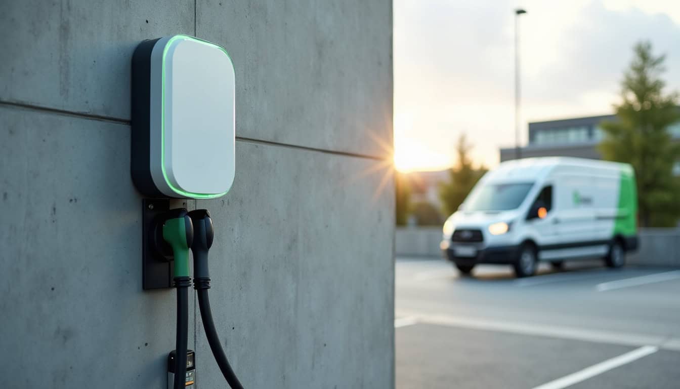 Borne de recharge électrique installée dans un parking d'entreprise à Favars