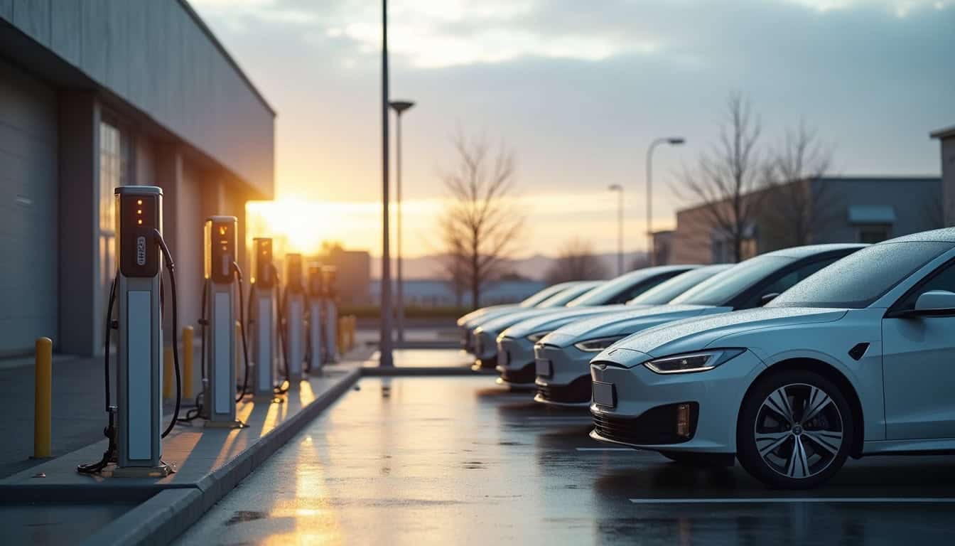 Borne de recharge électrique installée dans un parking d'entreprise à Xonrupt-Longemer, avec plusieurs véhicules électriques en cours de charge