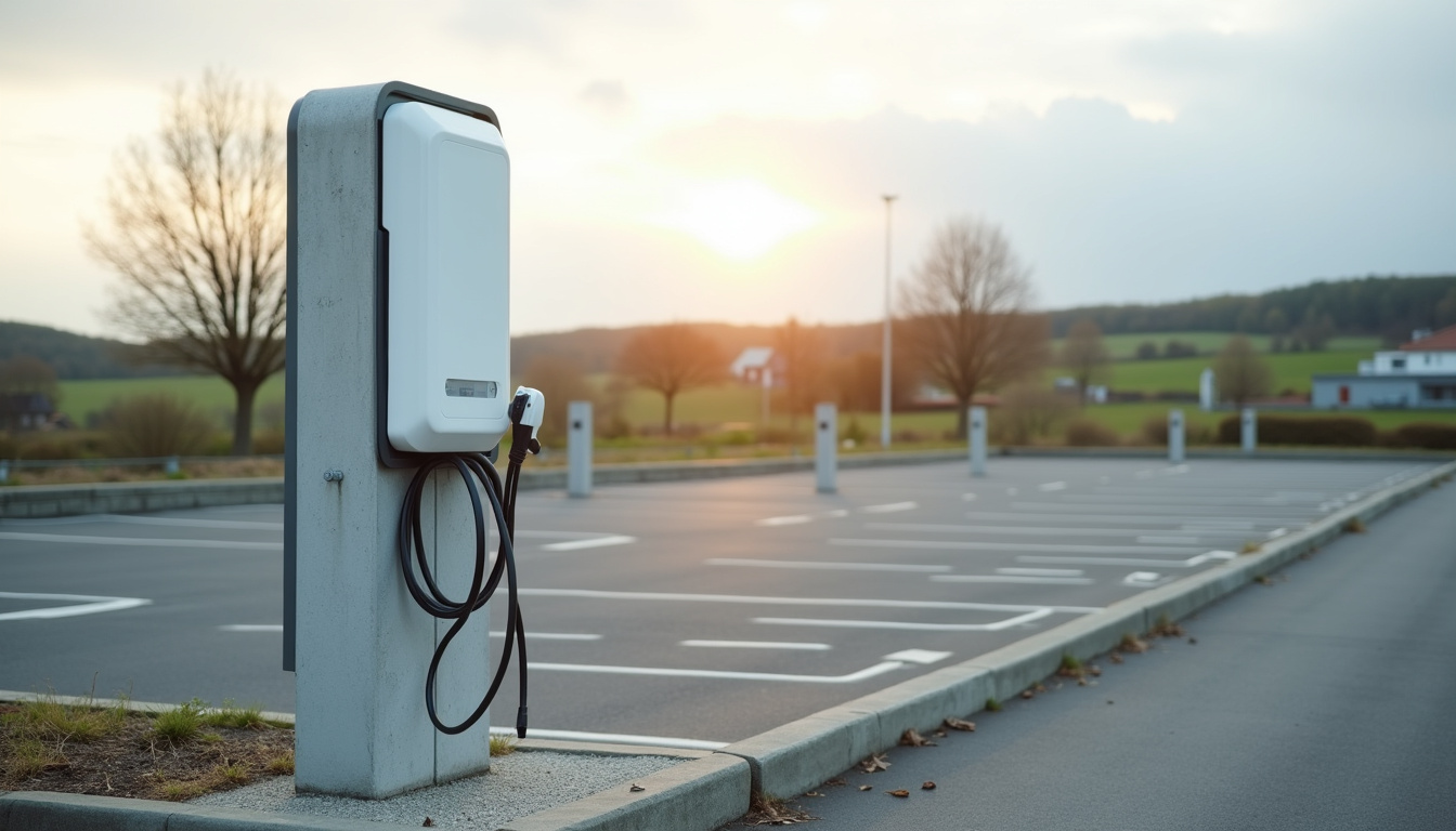Borne de recharge électrique installée dans un parking public à Noues-de-sienne, Calvados