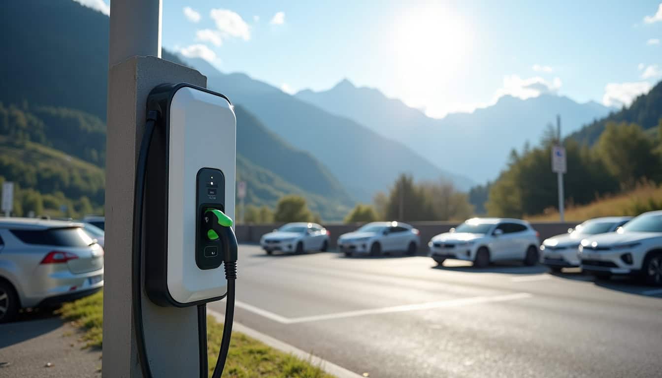 Borne de recharge électrique installée dans un parking public à Saint-Gervais