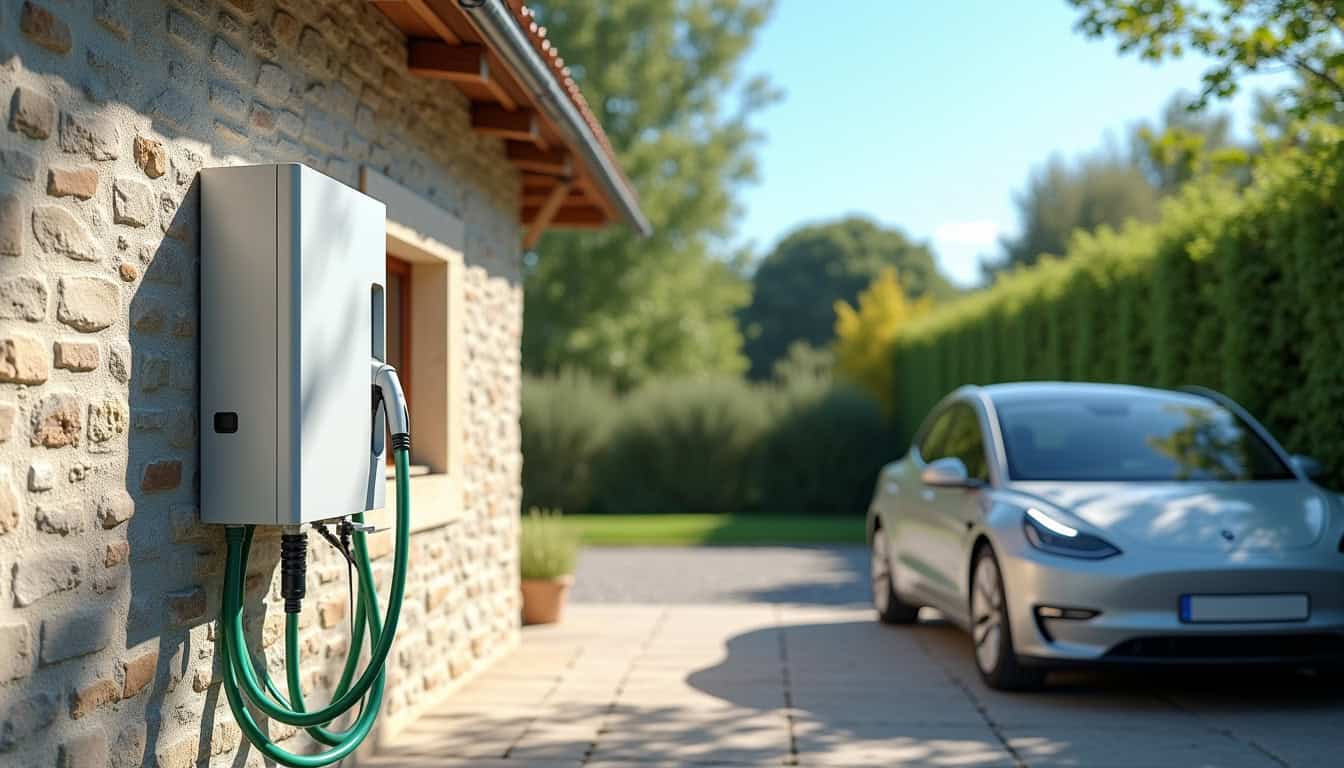 Borne de recharge électrique installée dans une allée privée à Labastide-Beauvoir en pleine journée