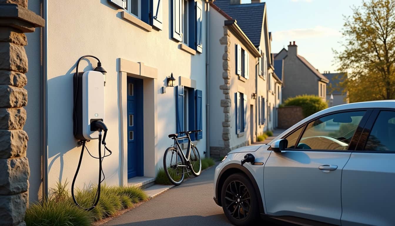 Borne de recharge électrique installée dans une maison à Clohars-Fouesnant, vue extérieure en milieu urbain