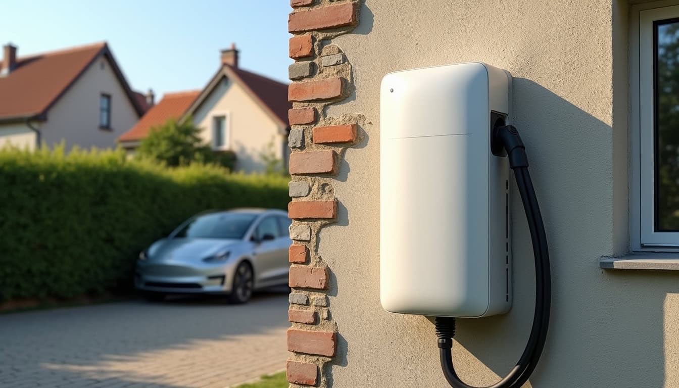 Borne de recharge électrique installée dans une résidence d'Oinville-sur-Montcient en pleine journée