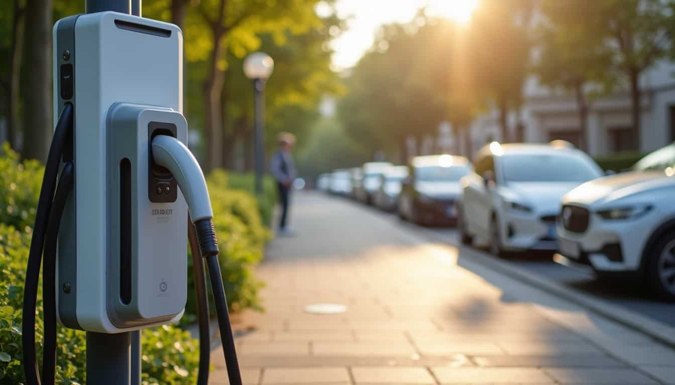 Borne de recharge électrique installée dans une rue de Carmaux, près d'un parking public