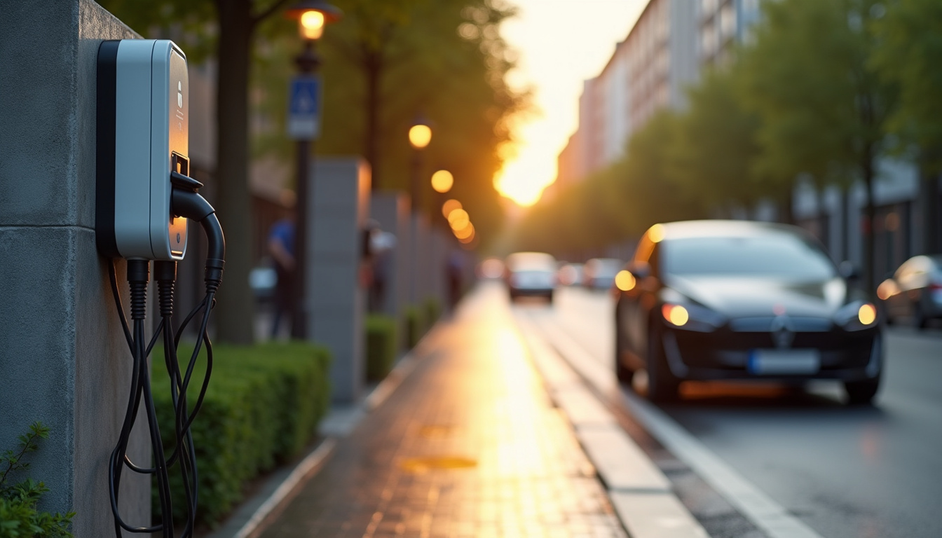 Borne de recharge électrique installée dans une rue de Mundolsheim, près d'un parking public