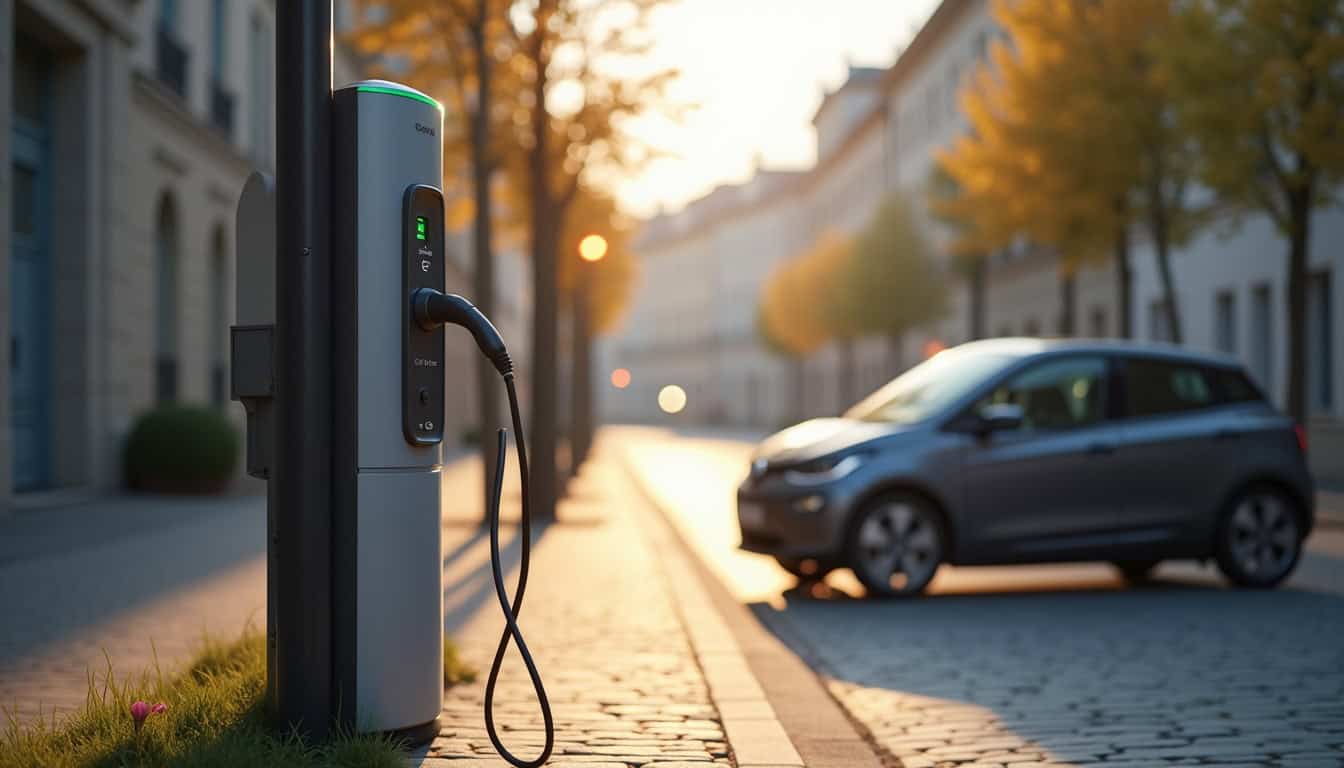 Borne de recharge électrique installée dans une rue de Sarry, près d'un parking public