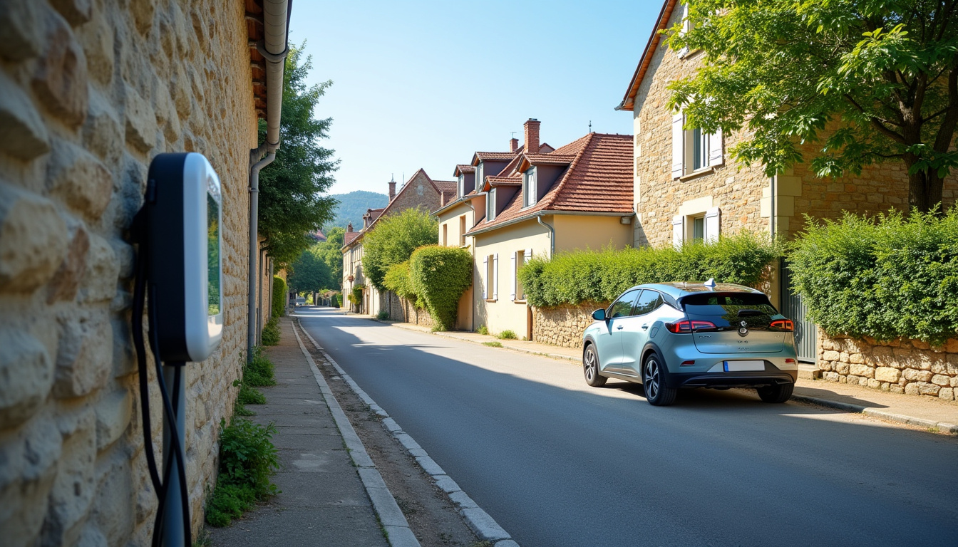 Borne de recharge électrique installée dans une rue de Vernoux-en-Vivarais, vue de jour avec véhicule à proximité