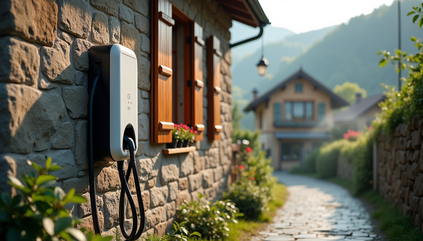 Borne de recharge électrique installée dans une rue du Jura, près d'une maison traditionnelle