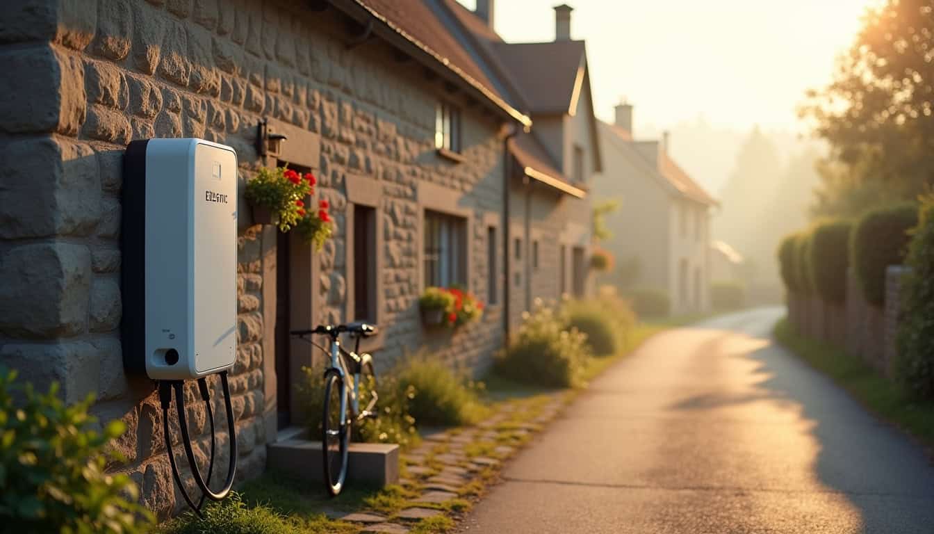 Borne de recharge électrique installée dans une rue d'une petite commune en milieu rural
