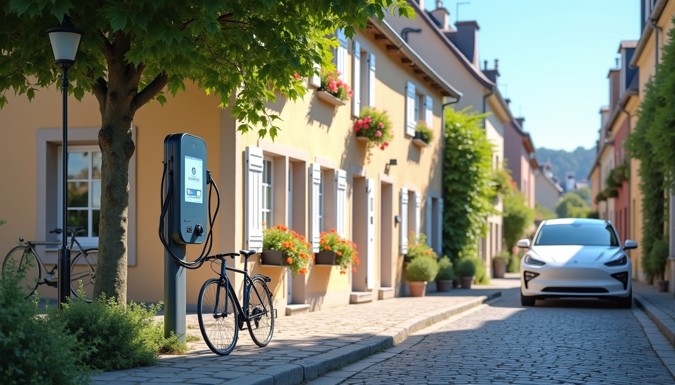 Borne de recharge électrique installée dans une rue résidentielle de Bergheim, vue de jour
