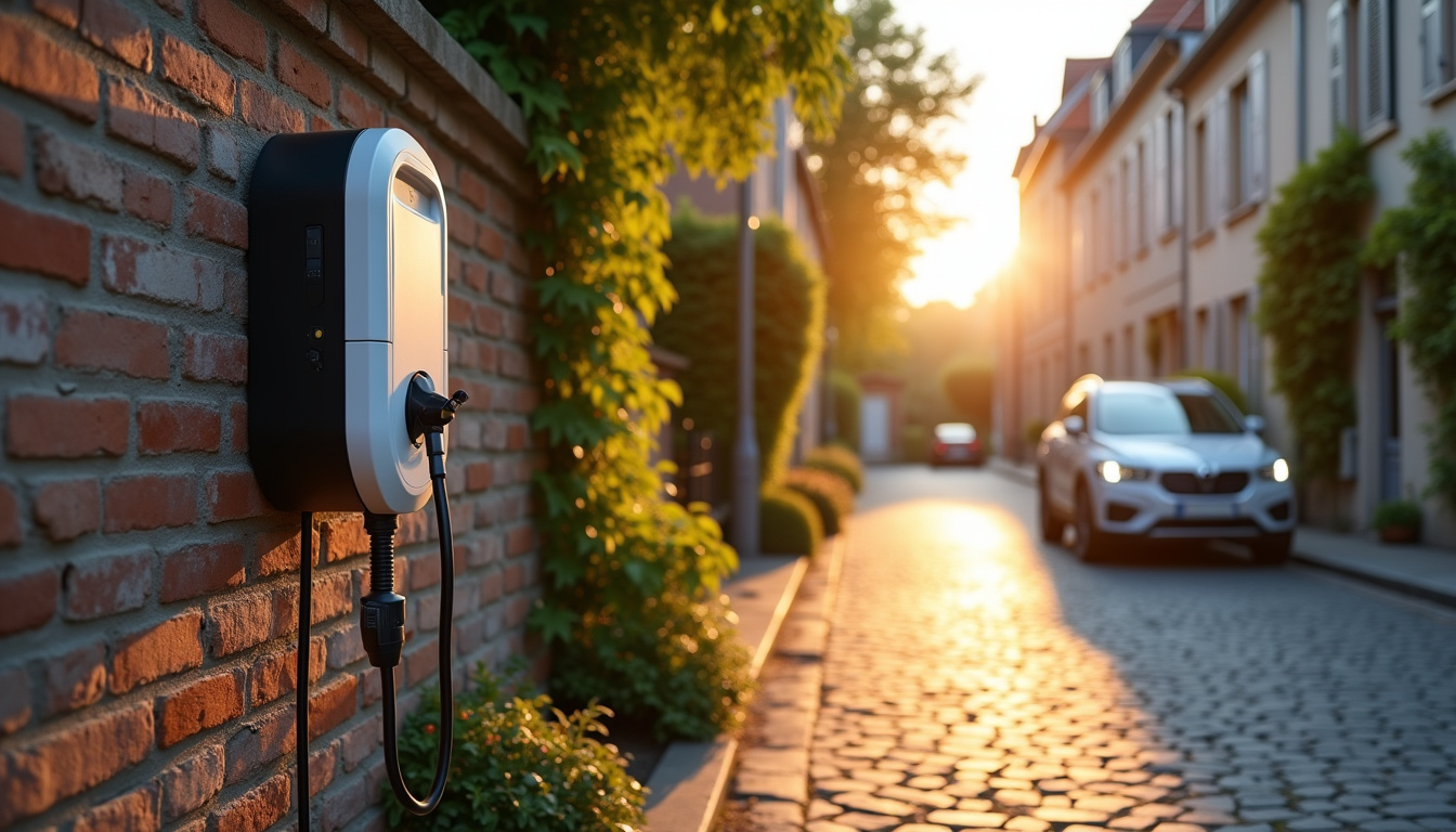 Borne de recharge électrique installée dans une rue résidentielle d'une petite ville